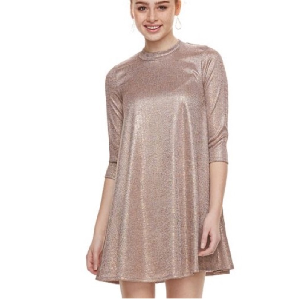 NWT Three Pink Hearts gold metallic shimmer swing dress